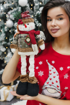 Игрушка новогодняя с выдвижными ногами Снеговик коричневое платье