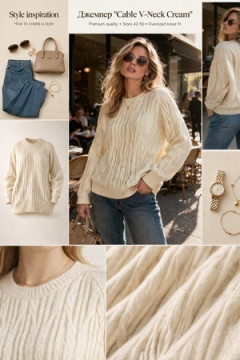 Джемпер Cable V-Neck Cream арт. 2027