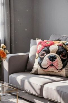 Наволочка декоративная Собака с цветами серый