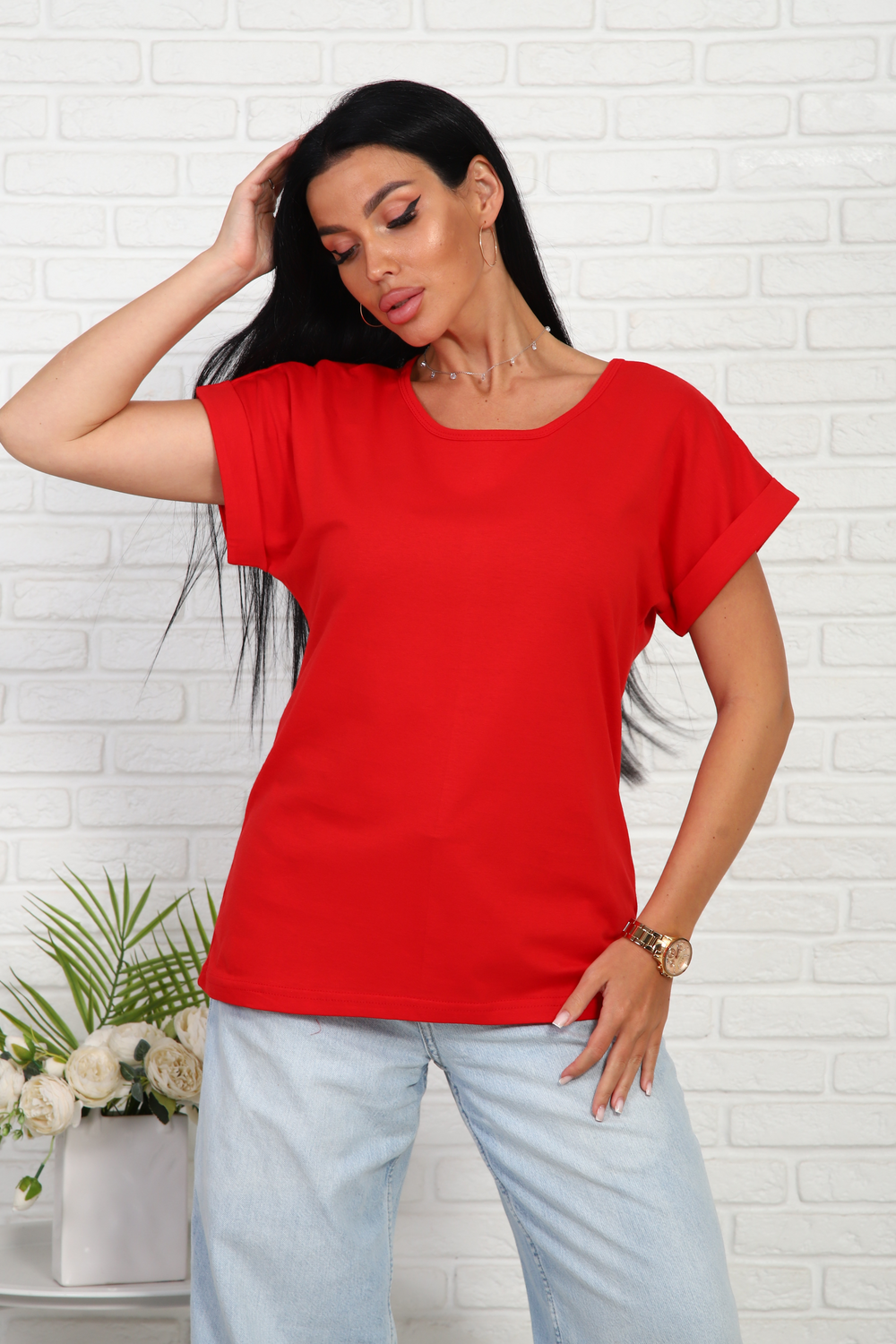 Футболка без рисунка с отворотами на рукавах, хлопок 100%, Арт. 561 красный