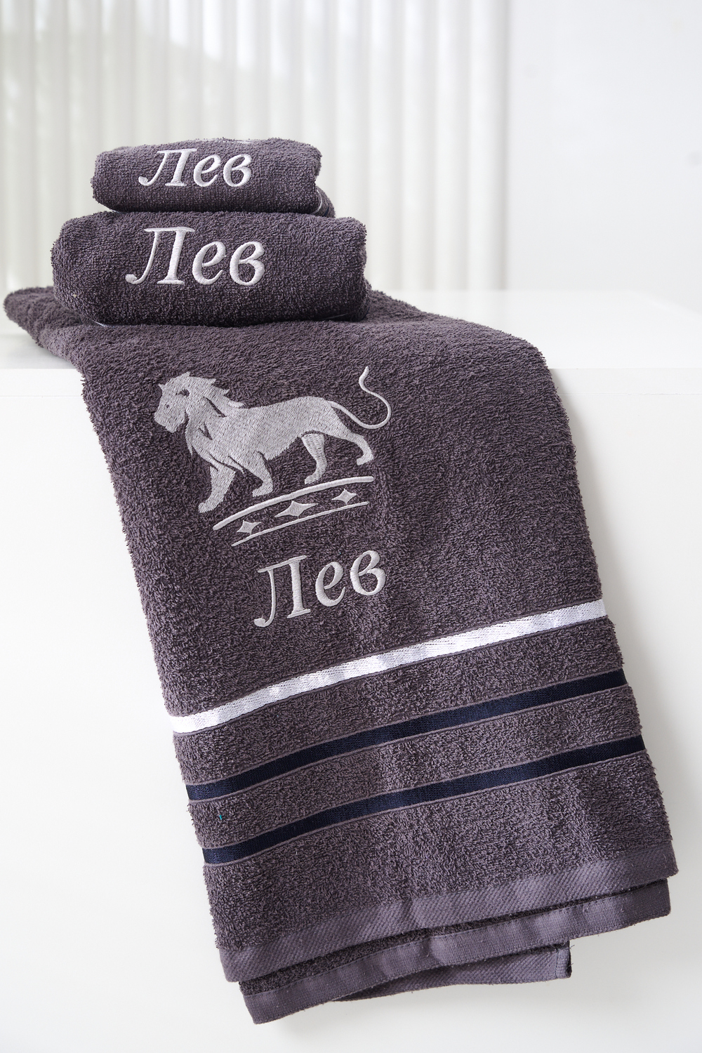 14418/10 Знаки зодиака полотенце махровое плотность 350гр графит+лев