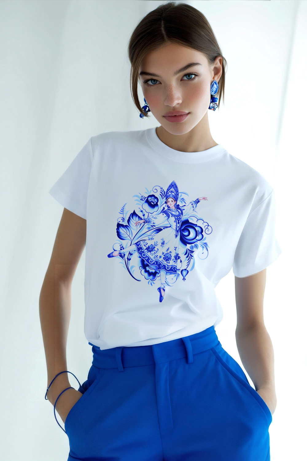 8589 футболка унисекс белая+девушка Гжель