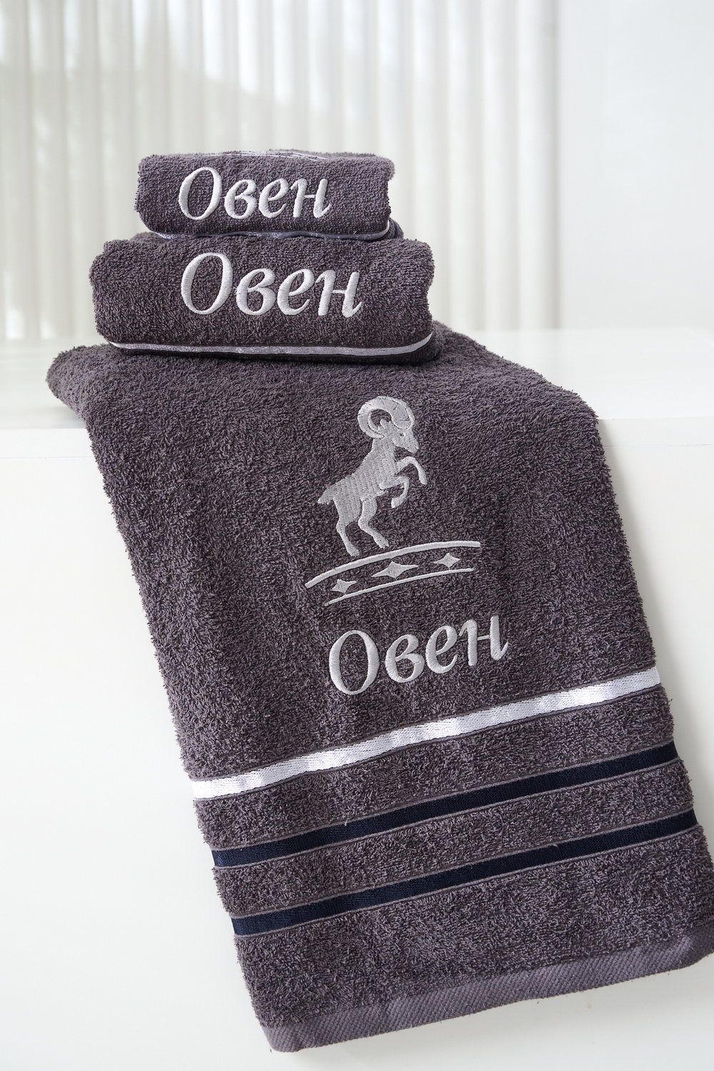 14418/10 Знаки зодиака полотенце махровое плотность 350гр графит+овен