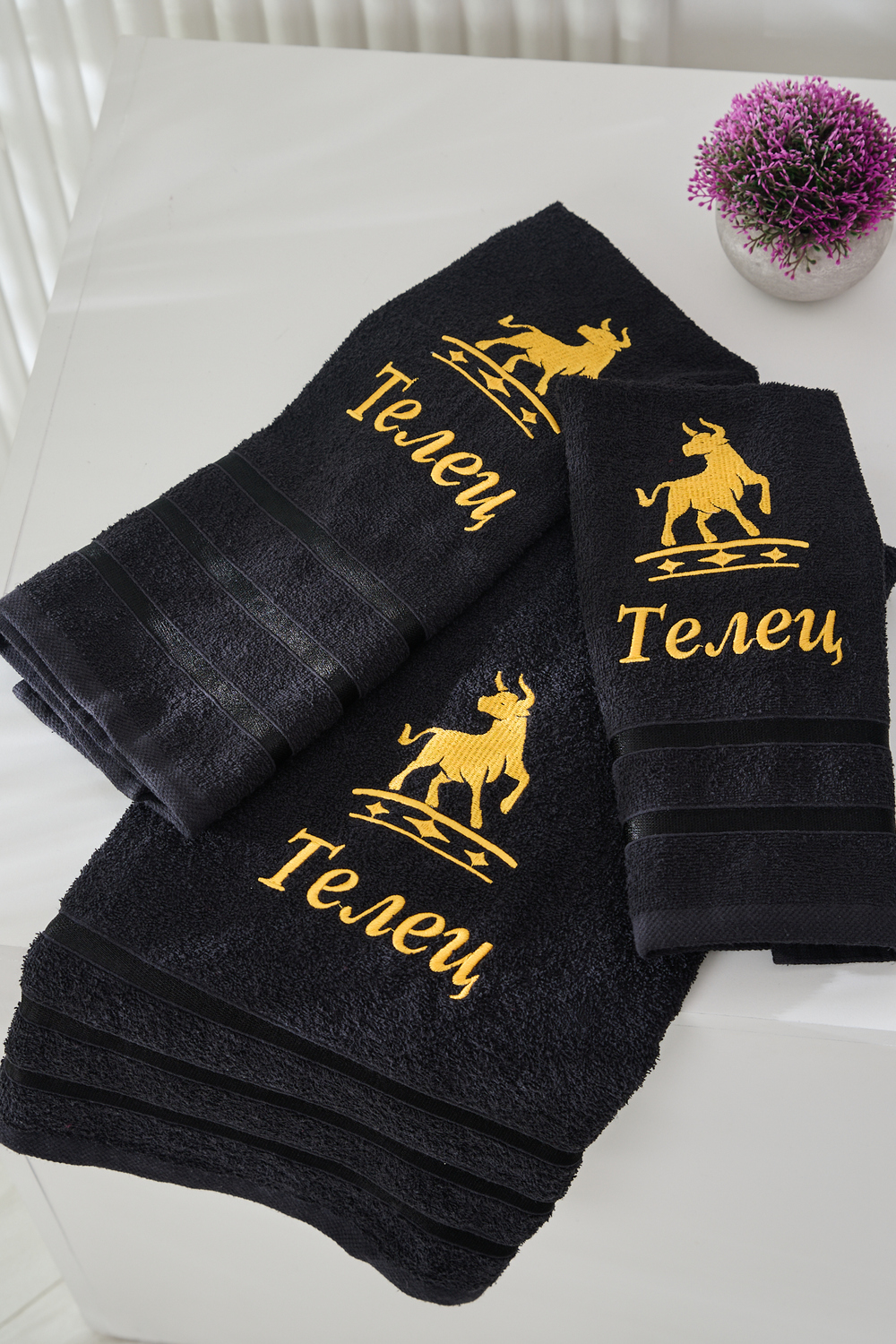 14418/10 Знаки зодиака полотенце махровое плотность 350гр черный+телец