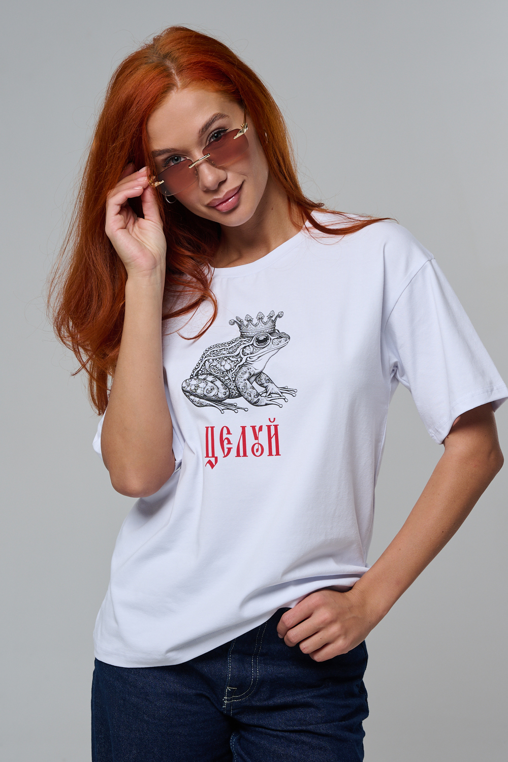 8580 футболка оверсайз женская белый+лягушка