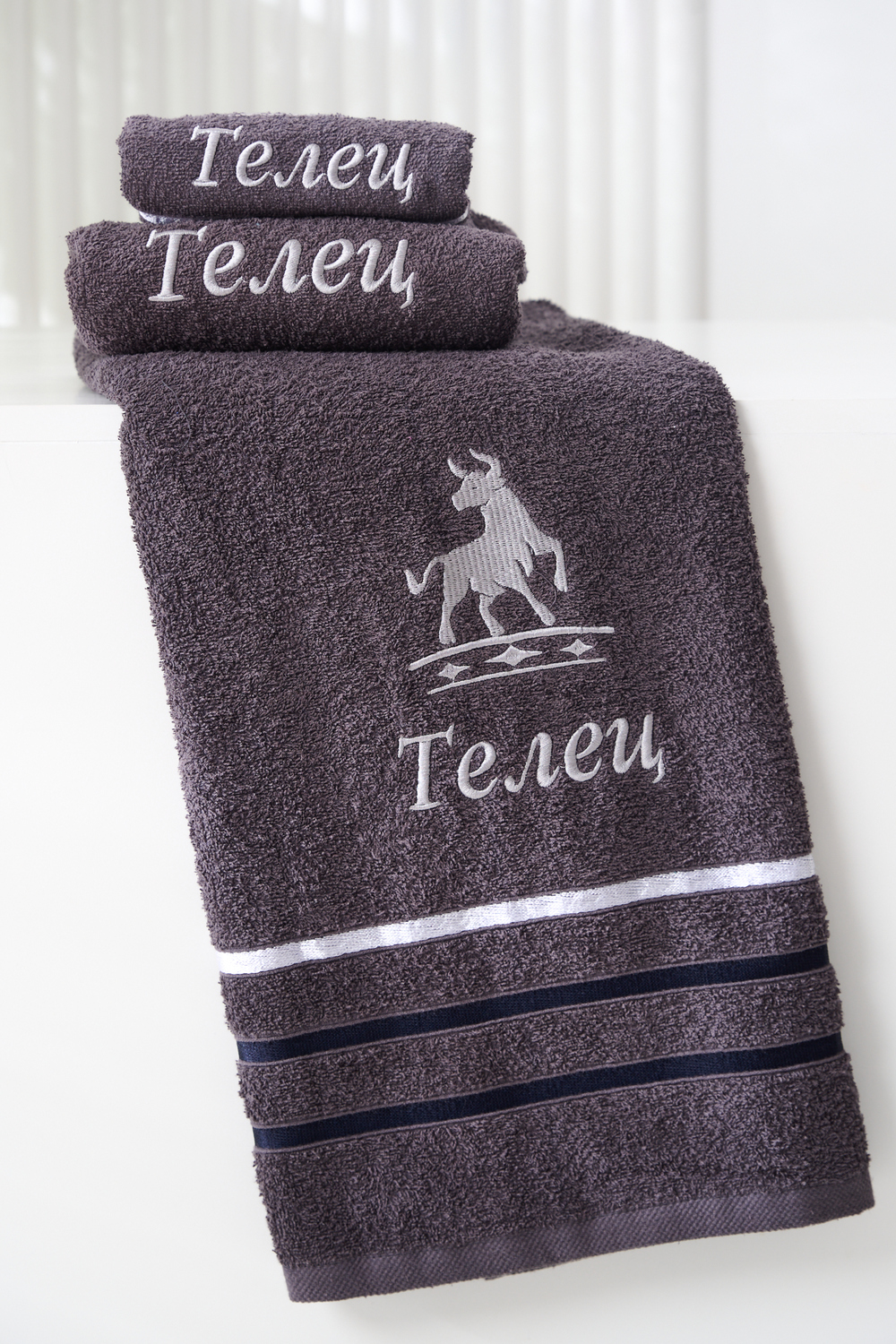 14418/10 Знаки зодиака полотенце махровое плотность 350гр графит+телец