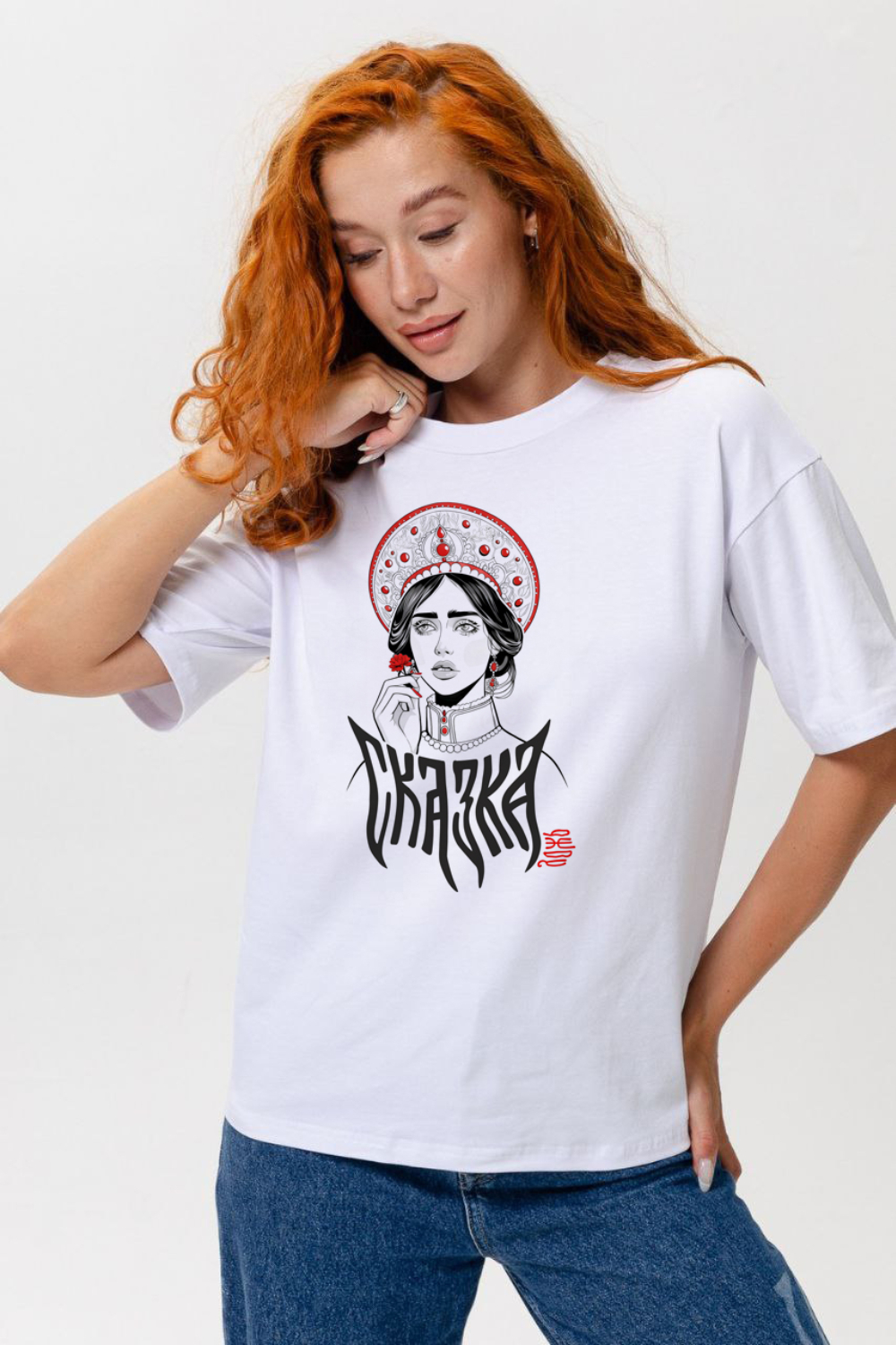 8580 футболка оверсайз женская белый+сказка